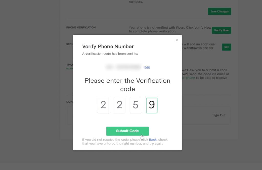 fiverr phone verification code