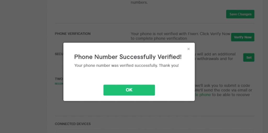 Fiverr phone verification successful