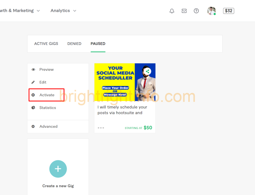 How to active pause gig on Fiverr?